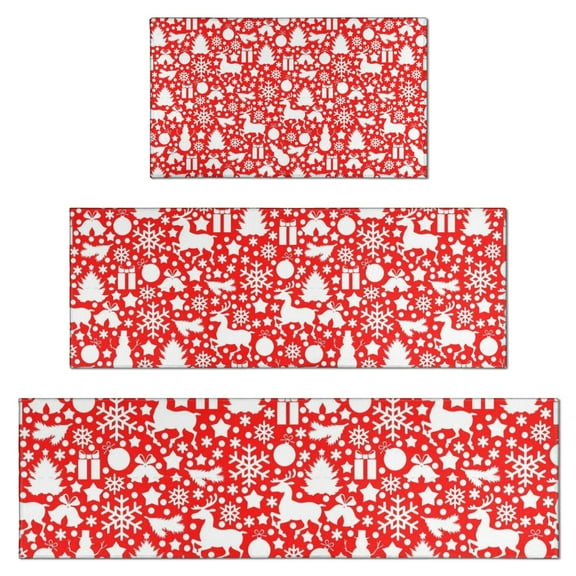 Red Christmas Deer and Gift Pattern Kitchen Rugs Sets Of 3,Kitchen Runner Rugs Non Skid Washable,Decorative Kitchen Floor Mats for Kitchen,Sink,Laundry,17"x30"+ 17"x47" + 17"x59"