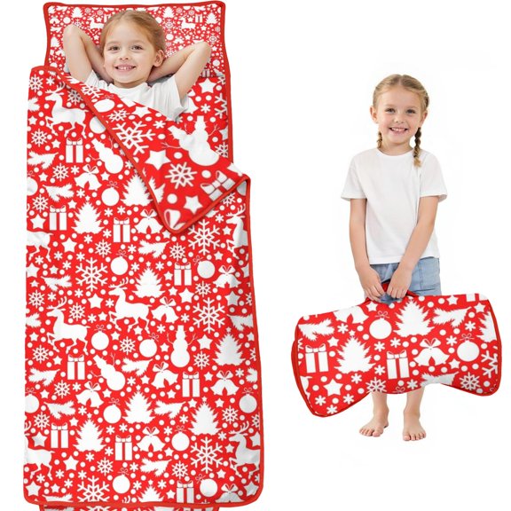 Red Christmas Deer and Gift Pattern Toddler Nap Mats for Kids Preschool,60"x20" Sleeping Mat Bag or Kids,Toddler Sleeping Bag,Toddler Nap Mat or Daycare