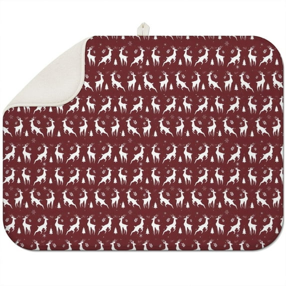 Red Christmas Deer Pattern Dish Drying Mat for Kitchen 1 Pack, Ultra Absorbent Microfiber Dishes Drainer Mats,18x24in(46x61cm)