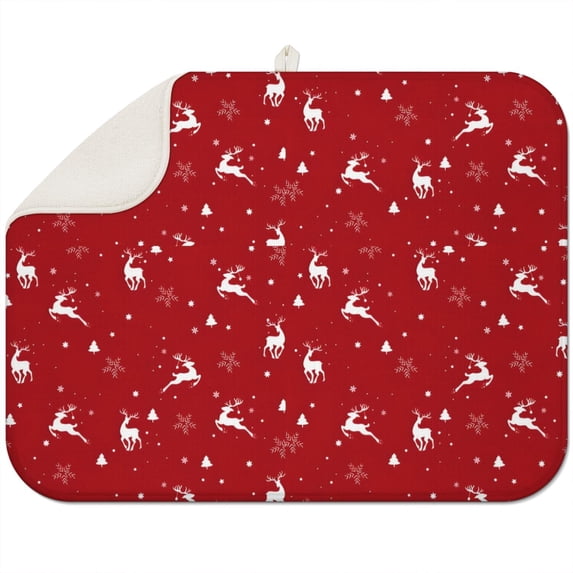 Red Christmas Deer Pattern Dish Drying Mat for Kitchen 1 Pack, Ultra Absorbent Microfiber Dishes Drainer Mats,18x24in(46x61cm)