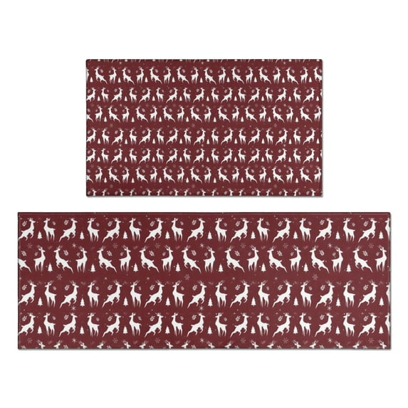 Red Christmas Deer Pattern Kitchen Rugs Sets Of 2,Anti Fatigue Kitchen Mat Rugs Non Slip Washable,Decorative Kitchen Floor Mats for Kitchen,Sink,Laundry,17"x30"+17"x47"