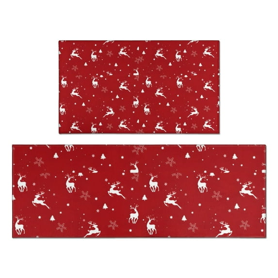 Red Christmas Deer Pattern Kitchen Rugs Sets Of 2,Anti Fatigue Kitchen Mat Rugs Non Slip Washable,Decorative Kitchen Floor Mats for Kitchen,Sink,Laundry,17"x30"+17"x47"