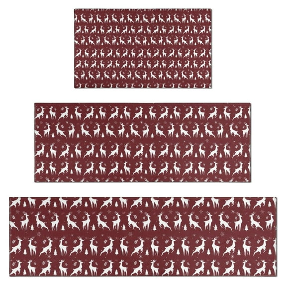 Red Christmas Deer Pattern Kitchen Rugs Sets Of 3,Kitchen Runner Rugs Non Skid Washable,Decorative Kitchen Floor Mats for Kitchen,Sink,Laundry,17"x30"+ 17"x47" + 17"x59"