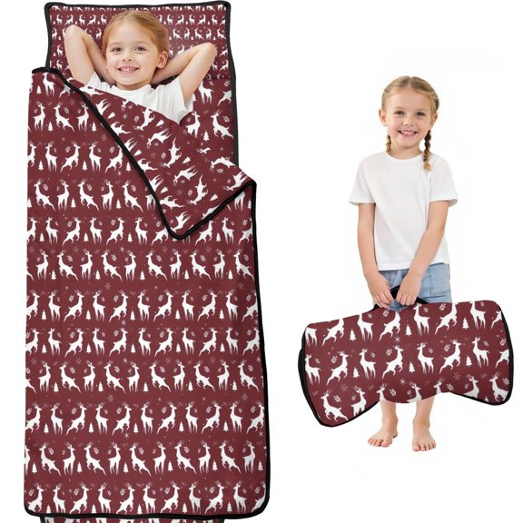 Red Christmas Deer Pattern Toddler Nap Mats for Kids Preschool,59"x22" Sleeping Mat Bag or Kids,Toddler Sleeping Bag,Toddler Nap Mat or Daycare