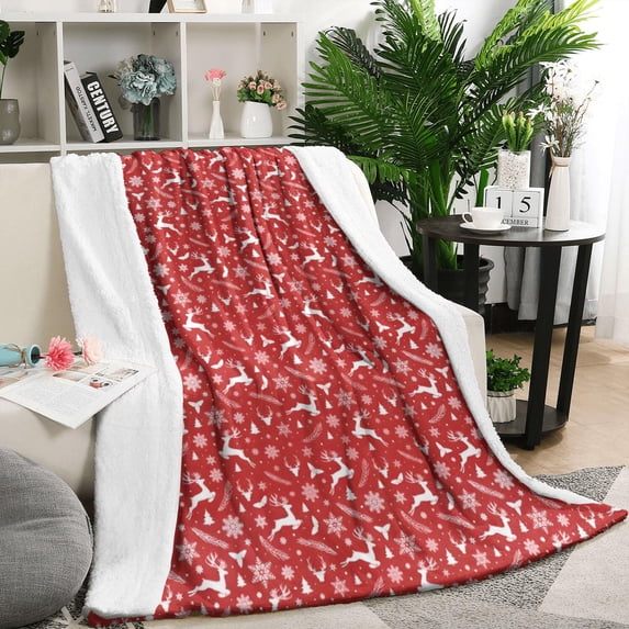 Red Christmas Deer and Snowflake Pattern Blanket,Comfortable Soft Lamb Wool Throw Blanket,All Season,Warm Lightweight Blankets for Sofa Bed Couch Living Room Chair,50"x60"