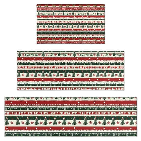 Red Christmas Deer and Tree Pattern Kitchen Rugs Sets Of 3,Kitchen Runner Rugs Non Skid Washable,Decorative Kitchen Floor Mats for Kitchen,Sink,Laundry,17"x30"+ 17"x47" + 17"x59"