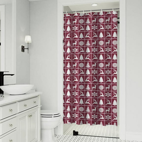Red Christmas Deer and Tree Pattern Shower Curtain 36"x72" ,Bathroom Decorative Shower Curtains Set with 12 Hooks,Modern Waterproof Washable Shower Curtain