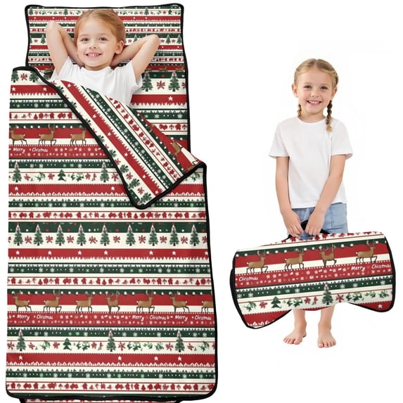 Red Christmas Deer and Tree Pattern Toddler Nap Mats for Kids Preschool,50"x20" Sleeping Mat Bag or Kids,Toddler Sleeping Bag,Toddler Nap Mat or Daycare