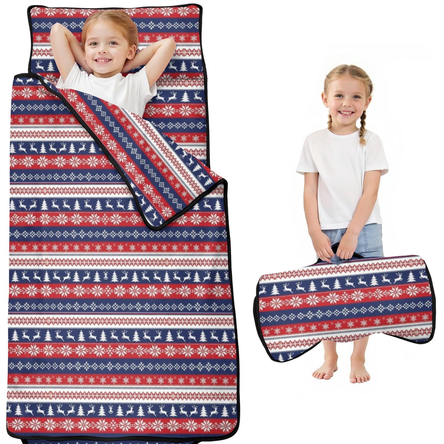 English Red Pattern Red Christmas Deer and Tree Pattern Kids Nap Mat, Daycare Sleep Mat ...