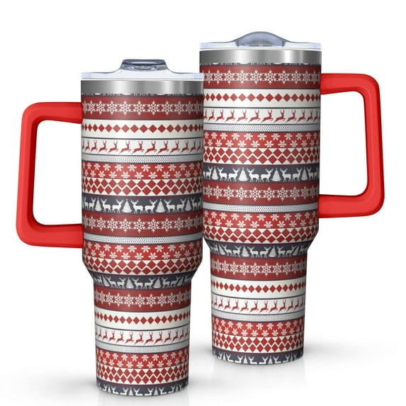 Red Christmas Deer and Tree Pattern Tumbler with Handle and Lid,40oz Double Wall Vacuum Insulated Tumbler,Cups Gift for Women and Men