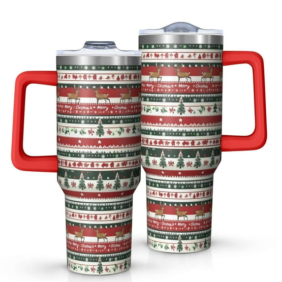 Red Christmas Deer and Tree Pattern Tumbler with Handle and Lid,40oz Double Wall Vacuum Insulated Tumbler,Cups Gift for Women and Men