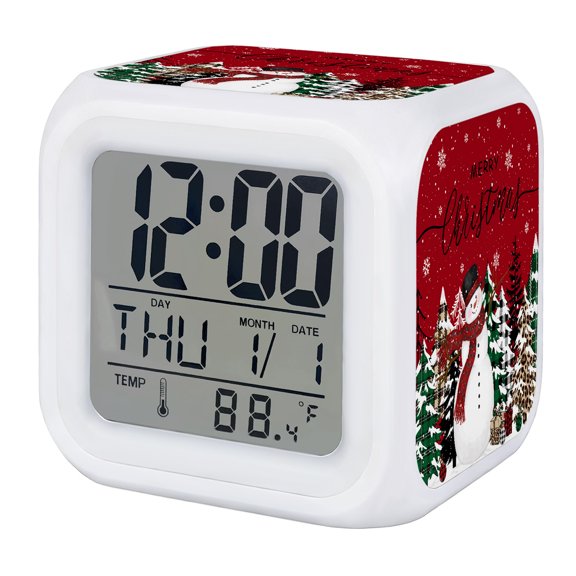 Red Christmas Digital Alarm Clock for Bedrooms, Smart LED Alarm Clock with 7 Color Changing Night Light, Snowman Snowflake Xmas Tree Silent Wake Up Clocks for Sleep Study Cooking 3.2"x3.2"