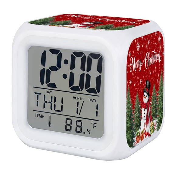 Red Christmas Digital Alarm Clock for Bedrooms, Smart LED Alarm Clock with 7 Color Changing Night Light, Snowman Xmas Tree Gifts Snowflake Winter Silent Wake Up Clocks for Sleep Study Cooking