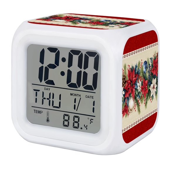 Red Christmas Digital Alarm Clock for Bedrooms, Smart LED Alarm Clock with 7 Color Changing Night Light, Xmas Botanical Poinsettia Blue Balls Silent Wake Up Clocks for Sleep Study Cooking 3.2"x3.2"