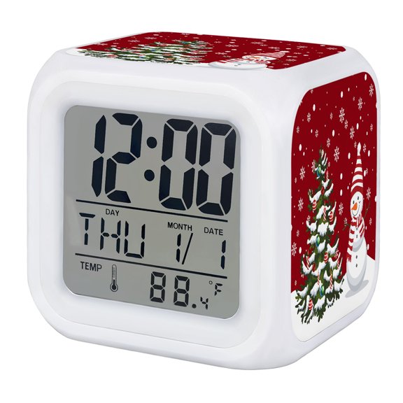 Red Christmas Digital Alarm Clock for Bedrooms, Smart LED Alarm Clock with 7 Color Changing Night Light, Xmas Snowman Pine Tree Winter Snowflakes Silent Wake Up Clocks for Sleep Study Cooking