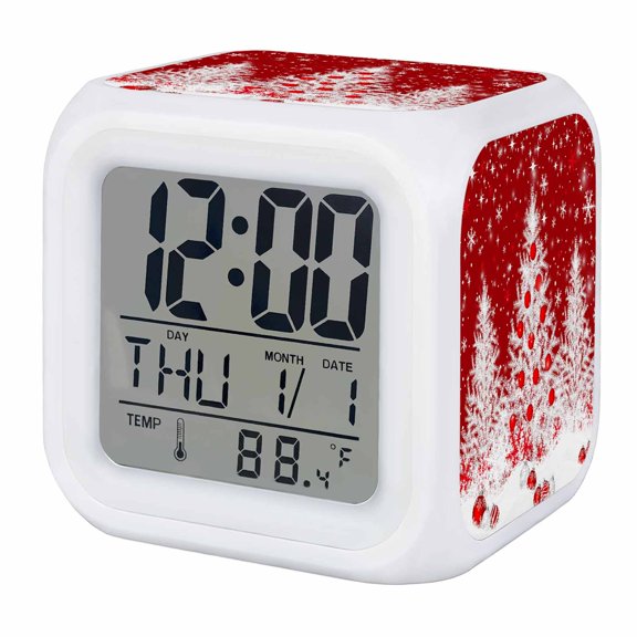Red Christmas Digital Alarm Clock for Bedrooms, Smart LED Alarm Clock with 7 Color Changing Night Light, Xmas Tree Ball Snowflake Winter Silent Wake Up Clocks for Sleep Study Cooking 3.2"x3.2"