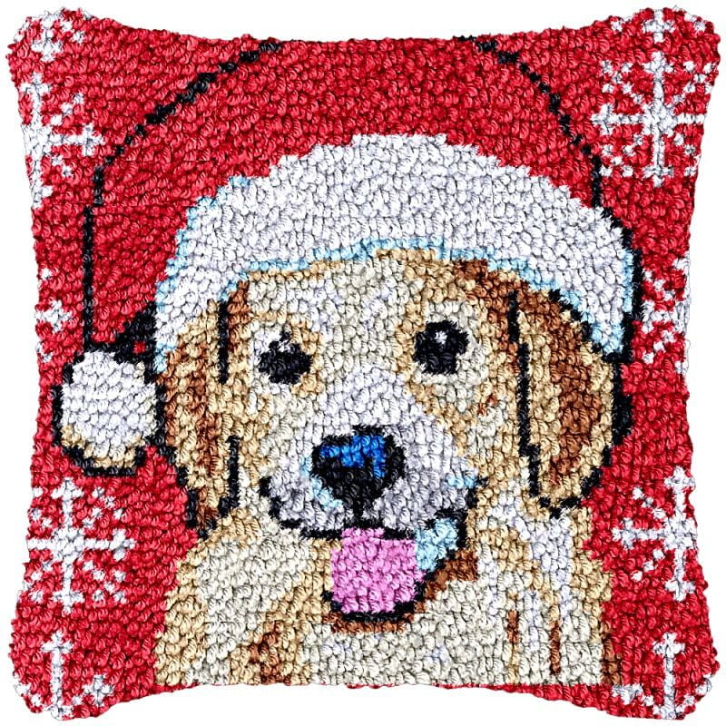 Red Christmas Dog Latch Hook Pillow Cover Kits for DIY Handmade Throw Pillow Cross Stitch Latch Hook Pillowcase Rug Cushion Kits with Preprinted Canvas Crochet Yarn Kits Needlework 17'' X 17''