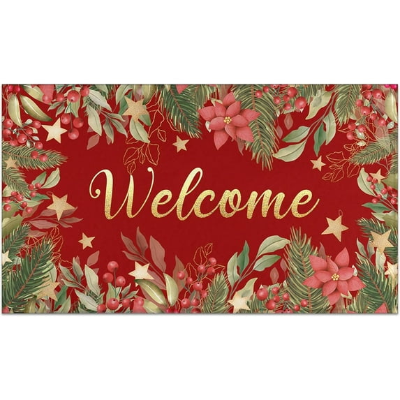 Red Christmas Door Mat Outdoor Welcome Doormat Merry Christmas Front Mat Non-Slip Washable Decorative Winter Xmas Holiday Doormats Entrance Rug for Indoor Outdoor Xmas Decorations (Red 1, 17"x30")