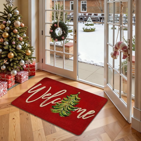Red Christmas Doormat Non-Slip Absorbent Stain-Resistant Soft Polyester 23.6x15.7in - Reusable Festive Floor Mat for Entryway Kitchen Bathroom Living Room