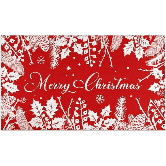 Red Christmas Doormat Outdoor Entrance Rug Non-Slip Holly Pine Branches Pinecones Front Door Mat Merry Xmas Decor Washable Winter Welcome Doormat 17"x30" Christmas Decorations for Home Indoor Outdoor