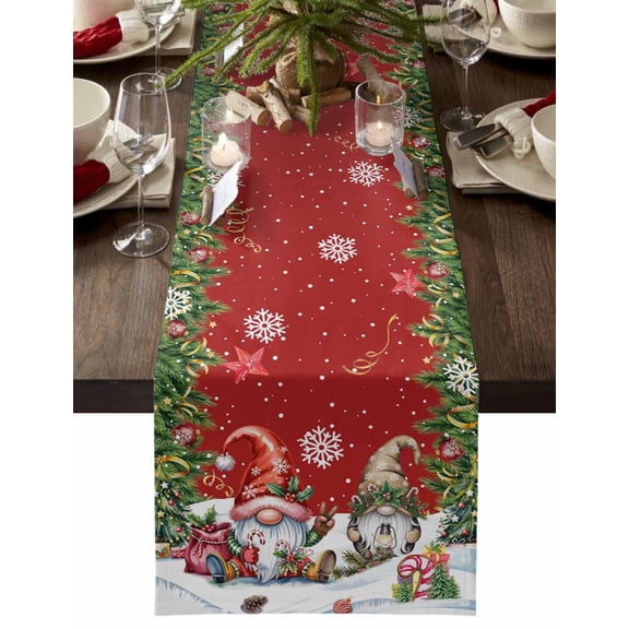 Red Christmas Dresser Scarf Farmhouse, Dining Table Decorations for Wedding/Parties, Gnomes Xmas Tree Snowflake Gifts Table Runner 120 Inches Long for Kitchen Dining, 13 x 120 In