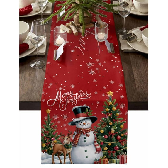 Red Christmas Dresser Scarf Farmhouse, Dining Table Decorations for Wedding/Parties, Snowman Xmas Tree Snowflake Gifts Elk Table Runner 72 Inches Long for Kitchen Dining, 16 x 72 In