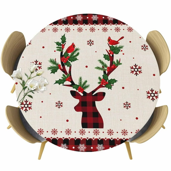 Red Christmas Elk Table Cloth, Round Fitted Tablecloths with Elastic Edge, Xmas Snowflake Botanical Berry Wipeable Waterproof Table Cover for Kitchen Wedding 45-54 Inches