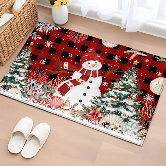 Red Christmas Entryway Rug 2'x3' Non Slip Front Door Mats, Snowman Xmas Tree Coastal Snowflake Starfish Plaid Entrance Rugs Indoor Outdoor Carpet, Floor Mats Small Area Rug for Bedroom Kitchen
