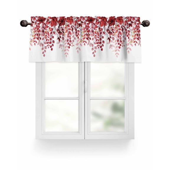 Red Christmas Eucalyptus Leaf Kitchen Valances for Windows Botanical Winter Floral Valance Curtains&nbsp; for Kitchen /Living Room/Bedroom/ Bathroom Decor, 54"x18 " ,Rod Pocket 1 Panel, White