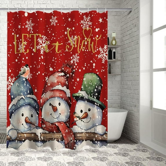Red Christmas Fabric Shower Curtain for Bathroom, Cute Snowman Custom Shower Curtain Set with Hooks, Xmas Theme Luxury Bathroom Curtains Waterproof Polyester Bathroom Accessories, 36x72inch