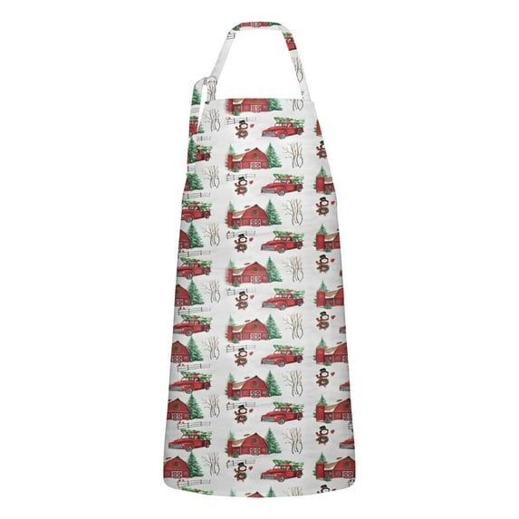 Red Christmas Farm and Truck Apron-Garden Aprons for Women with Pockets-Cotton Linen Waterproof Kitchen Cooking Gardening Aprons Adjustable for Kitchen,Cooking,BBQ and Salon 32"x27"