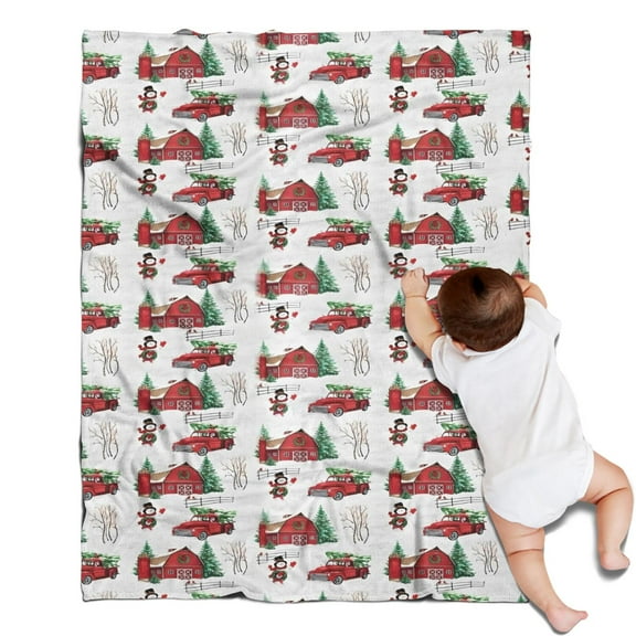 Red Christmas Farm and Truck Pattern Blanket,Comfortable Soft Flannel Throw Blanket,All Season,Warm Lightweight Blankets for Sofa Bed Couch Living Room Chair,30"x40"