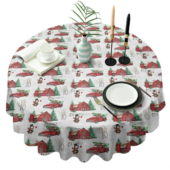 Red Christmas Farm and Truck Pattern Round Tablecloth 60"x60",Wrinkle Wipeable Table Cloth for Kitchen Dining Room Picnic Patio Party
