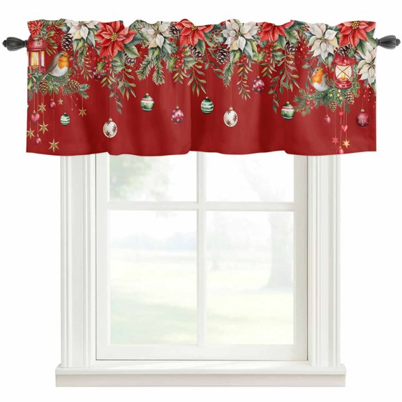 Red Christmas Farmhouse Short Window Curtain Valances, Xams Tree Winter Poinsettia Pine Cones Rod Pocket Kitchen Valances for Living Room Bedroom Bathroom Cafe 54" x 18"