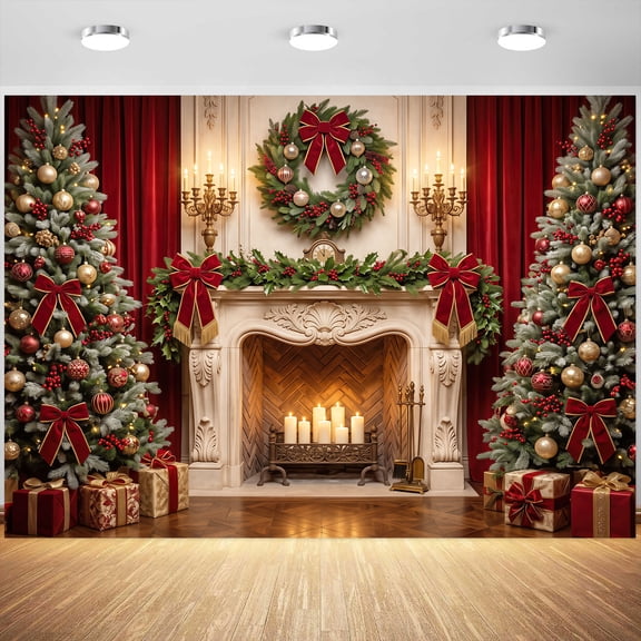 Red Christmas Fireplace Backdrop Photo Booth Decor Banner Family Holiday Party Studio Portrait Kids Xmas Tree Classic Wall Scene Photography Prop 6X4ft