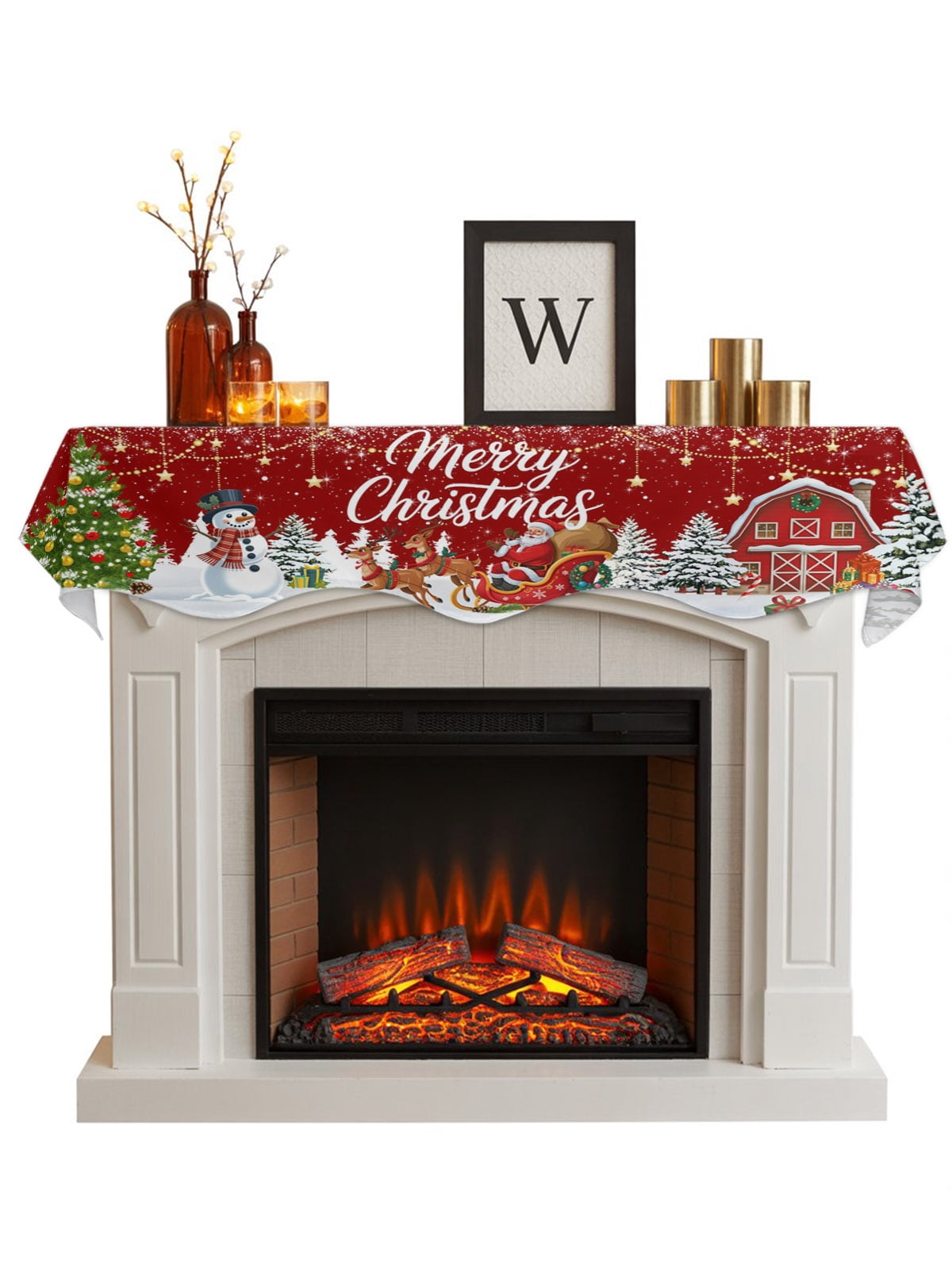 Red Christmas Fireplace Mantel Scarf, Santa Snowman Snowflake Elk Xmas ...