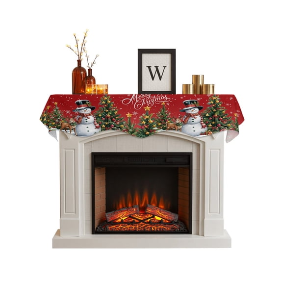 Red Christmas Fireplace Mantel Scarf, Snowman Xmas Tree Snowflake Gifts Elk Mantel Cover Table Runner, Fireplace Top Dresser Scarves for Party Holiday Living Room Home Decoration 70x17 Inch