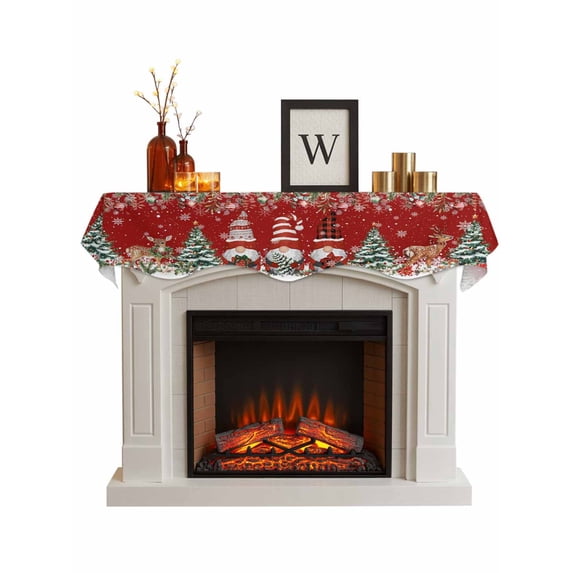Red Christmas Fireplace Mantle Scarf, Gnomes Xmas Tree Poinsettia Eucalyptus Mantel Cover Table Runner for Home Living Room Door Window, Indoor Outdoor Holiday Party Decor 17" x 70"