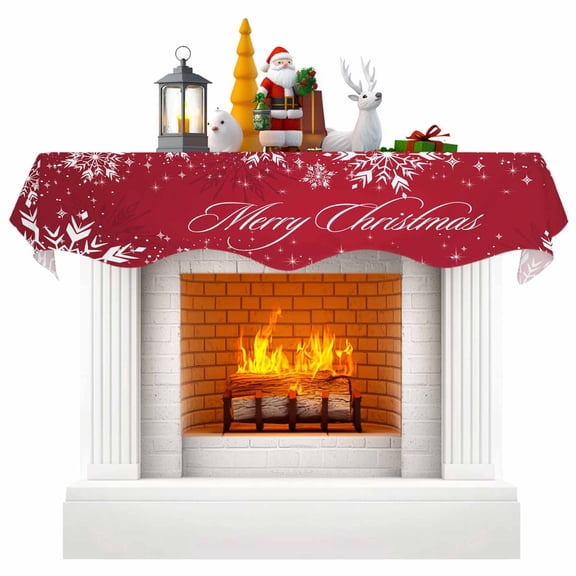 Red Christmas Fireplace Mantle Scarf, White Snowflake Xmas Star Winter Vintage Mantel Cover Table Runner for Home Living Room Door Window, Indoor Outdoor Holiday Party Decor 17" x 90"