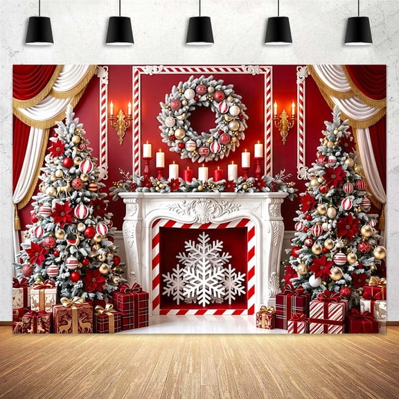 Red Christmas Fireplace Photo Backdrop Red White Candy Cane Snowflake Photography Background Kids Family Party Holiday Studio Photo Booth Decor, 7x5ft