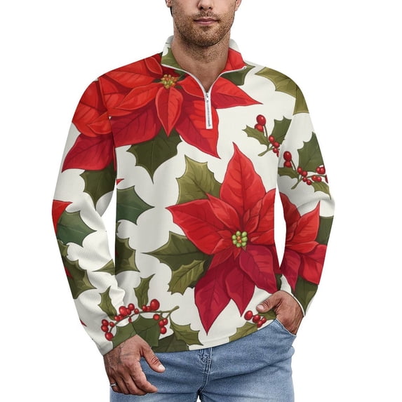 Red Christmas Flowers Poinsettia Men's Sweater Sports POLO Shirt Zip Pullover Mens Athletic Long Sleeve Sweatshirt Mock Neck for Men