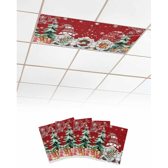 Red Christmas Fluorescent Light Covers for Ceiling Lights 4x2 feet,4 Pack Magnetic Light Filters for Classroom,Gnomes Xmas Tree Snowflake Gifts Birds Fluorescent Light Shade Panel for Office School