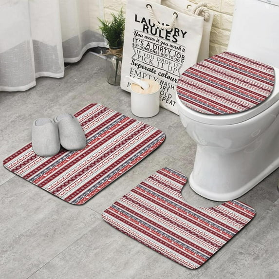 Red Christmas Folk Pattern Bathroom Rugs Sets 3 Piece,Toilet Cover Set,Absorbent Non Slip Bathroom Mats Sets with U-Shaped Contour Rug Toilet Rug Set