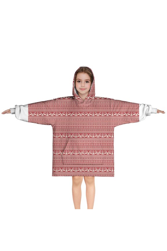 Red Christmas Folk Pattern Blanket Hoodies for Kids 6-13YR Oversize Wearable Blanket Hoodies for Boys Girls Teens