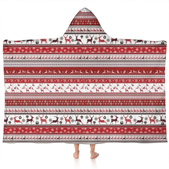 Red Christmas Folk Pattern Hooded Bath Towel,60"x35" for Ages 3 To 12 Kids, Quick Dry Lightweight Soft Microfiber Hood Beach Towel Cover Up for Kids