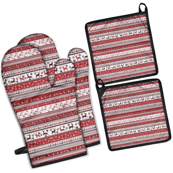 Red Christmas Folk Pattern Kitchen Oven Mitt and Pot Holder Sets 4 Pcs for Baking, Cooking and Grilling, Heat Resistant Up To 392 °F