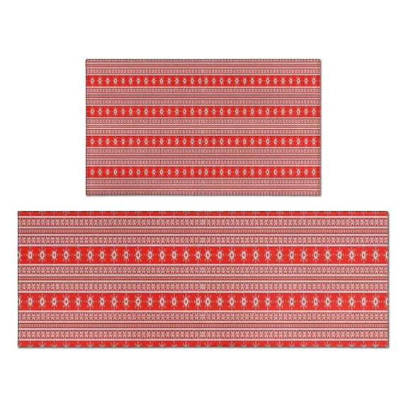 Red Christmas Folk Pattern Kitchen Rugs Sets Of 2,Anti Fatigue Kitchen Mat Rugs Non Slip Washable,Decorative Kitchen Floor Mats for Kitchen,Sink,Laundry,17"x30"+17"x47"
