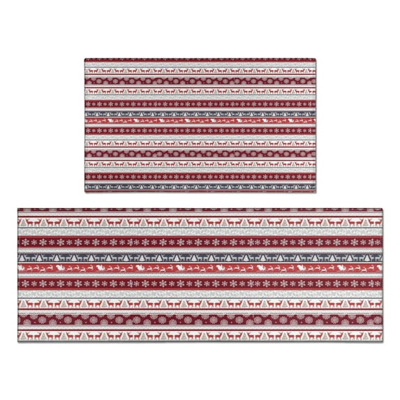 Red Christmas Folk Pattern Kitchen Rugs Sets Of 2,Anti Fatigue Kitchen Mat Rugs Non Slip Washable,Decorative Kitchen Floor Mats for Kitchen,Sink,Laundry,17"x30"+17"x47"