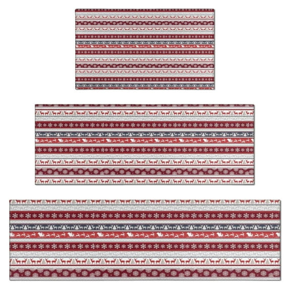 Red Christmas Folk Pattern Kitchen Rugs Sets Of 3,Kitchen Runner Rugs Non Skid Washable,Decorative Kitchen Floor Mats for Kitchen,Sink,Laundry,17"x30"+ 17"x47" + 17"x59"