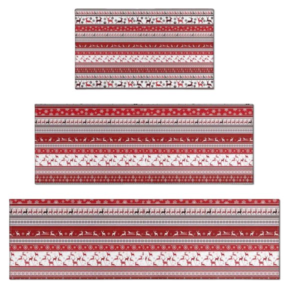 Red Christmas Folk Pattern Kitchen Rugs Sets Of 3,Kitchen Runner Rugs Non Skid Washable,Decorative Kitchen Floor Mats for Kitchen,Sink,Laundry,17"x30"+ 17"x47" + 17"x59"